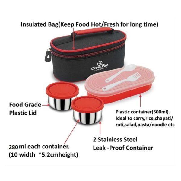 Double Decker Stainless Steel 3 Container Lunch Box with 750 ml Trenzy Water Bottle, Red - Image 2