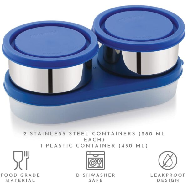Orra Double Decker Stainless Steel 3 Container Lunch Box with 750 ml Stainless Steel Water Bottle, Blue - Image 4