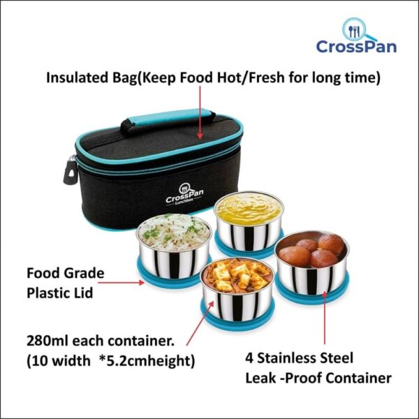 Smart Stainless Steel 4 Container Lunch Box with 750ml Stainless Steel Water Bottle, Blue - Image 2