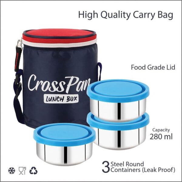 Stylo Stainless Steel 3 Container Lunch Box, Blue - Image 2