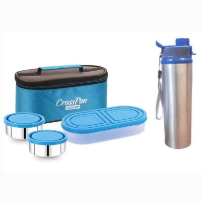 Zenith Double Decker Stainless Steel 3 Container Lunch Box with Sleek Water Bottle, Blue