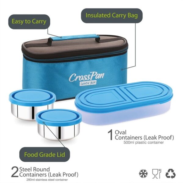 Zenith Double Decker Stainless Steel 3 Container Lunch Box with Sleek Water Bottle, Blue - Image 2