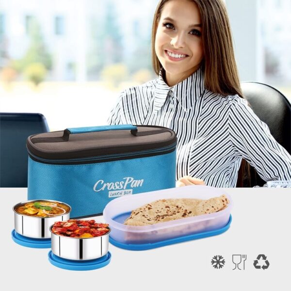 Zenith Double Decker Stainless Steel 3 Container Lunch Box with Sleek Water Bottle, Blue - Image 4