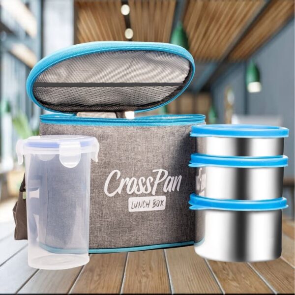 Zion Plus Stainless Steel 3 Container Lunch Box with Plastic Tumbler, Blue - Image 3