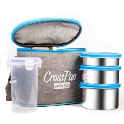 Zion Plus Stainless Steel 3 Container Lunch Box with Plastic Tumbler, Blue