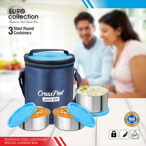 Euro Pro Stainless Steel Lunch Box with 3 Containers, Blue - Image 2