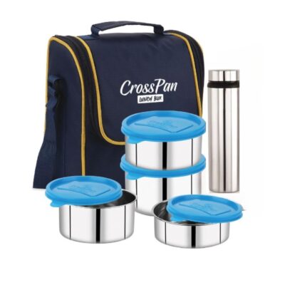 Signature Executive Stainless Steel 4 Container Lunch Box with Stainless Steel Water Bottle, Blue
