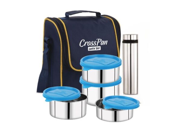 Signature Executive Stainless Steel 4 Container Lunch Box with Stainless Steel Water Bottle, Blue