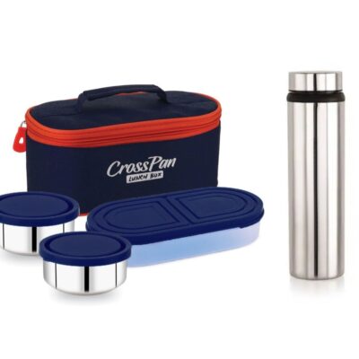 Orra Double Decker Stainless Steel 3 Container Lunch Box with 750 ml Stainless Steel Water Bottle, Blue