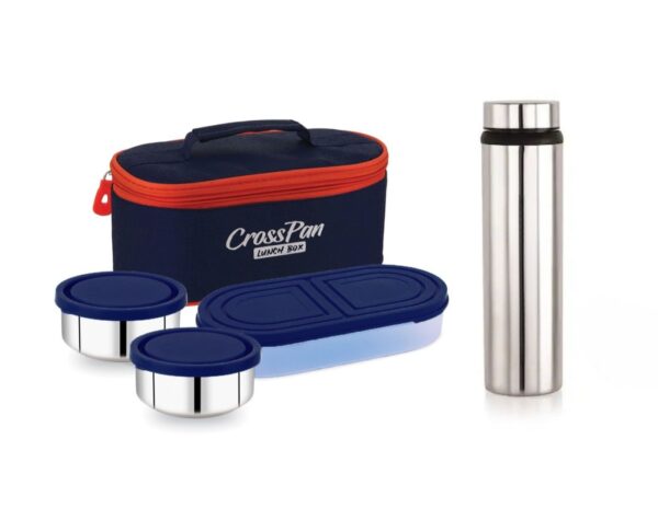 Orra Double Decker Stainless Steel 3 Container Lunch Box with 750 ml Stainless Steel Water Bottle, Blue