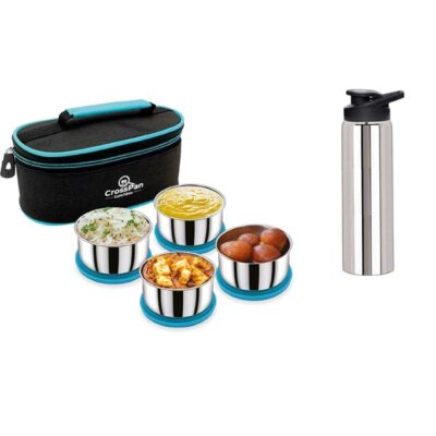 Smart Stainless Steel 4 Container Lunch Box with Sports Water Bottle, Blue