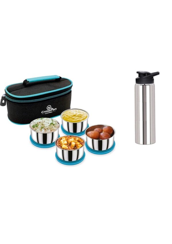 Smart Stainless Steel 4 Container Lunch Box with Sports Water Bottle, Blue