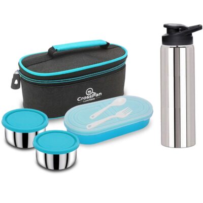 Double Decker Stainless Steel 3 Container Lunch Box with 750 ml Sports Water Bottle, Blue