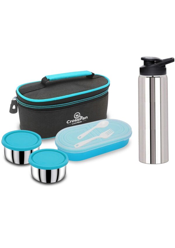 Double Decker Stainless Steel 3 Container Lunch Box with 750 ml Sports Water Bottle, Blue