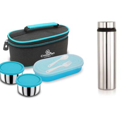 Double Decker Stainless Steel 3 Container Lunch Box with 750 ml Stainless Steel Water Bottle, Blue