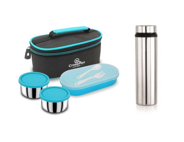 Double Decker Stainless Steel 3 Container Lunch Box with 750 ml Stainless Steel Water Bottle, Blue