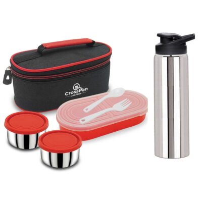 Double Decker Stainless Steel 3 Container Lunch Box with 750 ml Sports Water Bottle, Red