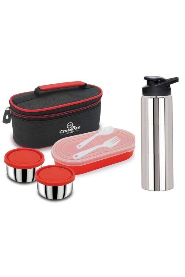 Double Decker Stainless Steel 3 Container Lunch Box with 750 ml Sports Water Bottle, Red