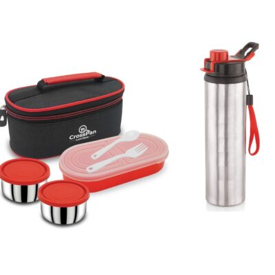 Double Decker Stainless Steel 3 Container Lunch Box with 750 ml Trenzy Water Bottle, Red