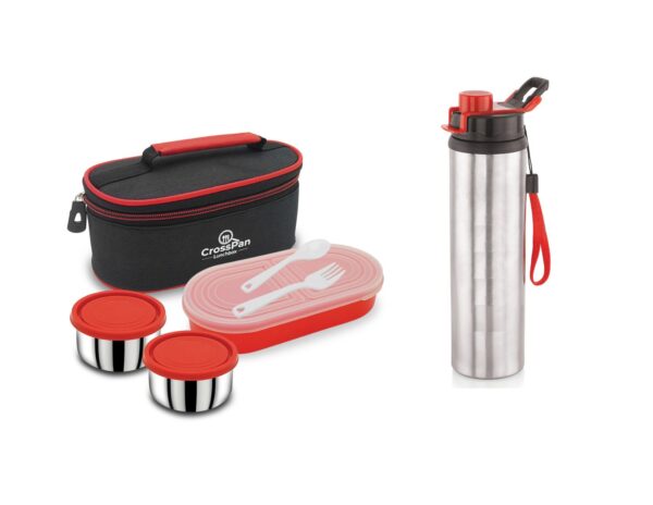 Double Decker Stainless Steel 3 Container Lunch Box with 750 ml Trenzy Water Bottle, Red
