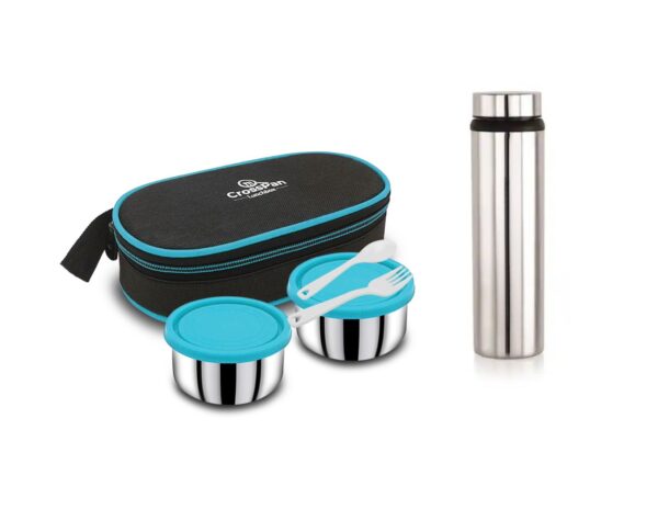 Freshmeal Stainless Steel Lunch Box 2 Container with 750 ml Stainless Steel Water Bottle, Blue
