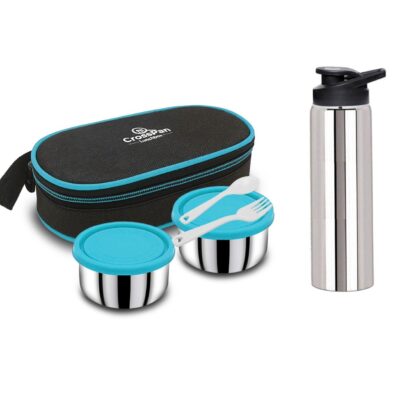 Freshmeal Stainless Steel Lunch Box 2 Container with Sports Water Bottle, Blue
