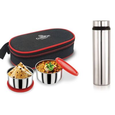 Freshmeal Stainless Steel Lunch Box 2 Container with 750 ml Water Bottle, Red