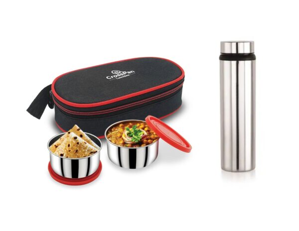 Freshmeal Stainless Steel Lunch Box 2 Container with 750 ml Water Bottle, Red