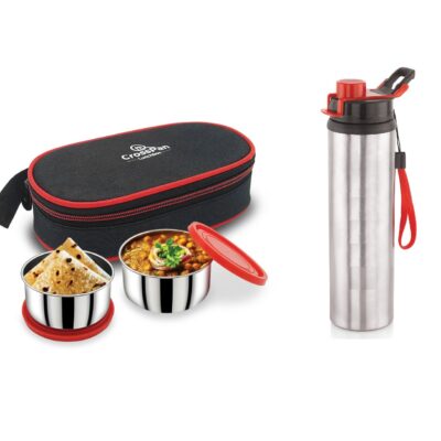 Freshmeal Stainless Steel Lunch Box 2 Container with 750 ml Trenzy Water Bottle, Red