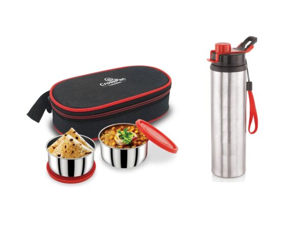 Freshmeal Stainless Steel Lunch Box 2 Container with 750 ml Trenzy Water Bottle, Red