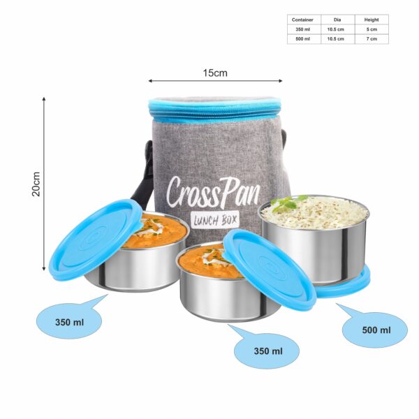 Zion Pro Stainless Steel 3 Container Lunch Box, Blue - Image 2