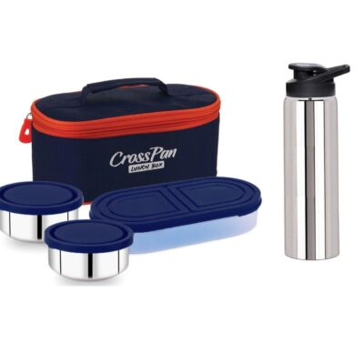 Orra Double Decker Stainless Steel 3 Container Lunch Box with Sports Water Bottle, Blue