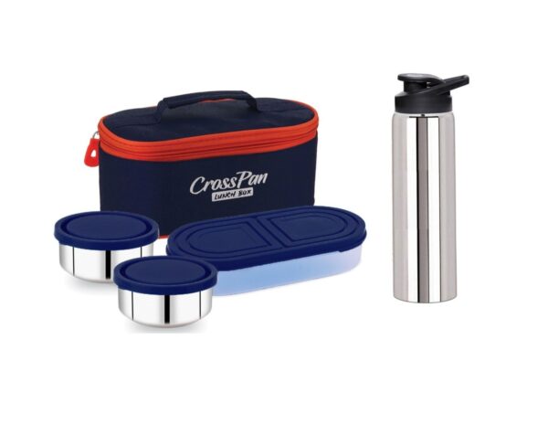 Orra Double Decker Stainless Steel 3 Container Lunch Box with Sports Water Bottle, Blue