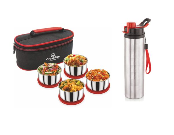 Smart Stainless Steel 4 Container Lunch Box with Trenzy Stainless Steel Water Bottle