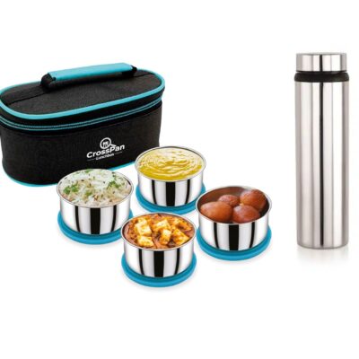 Smart Stainless Steel 4 Container Lunch Box with 750ml Stainless Steel Water Bottle, Blue